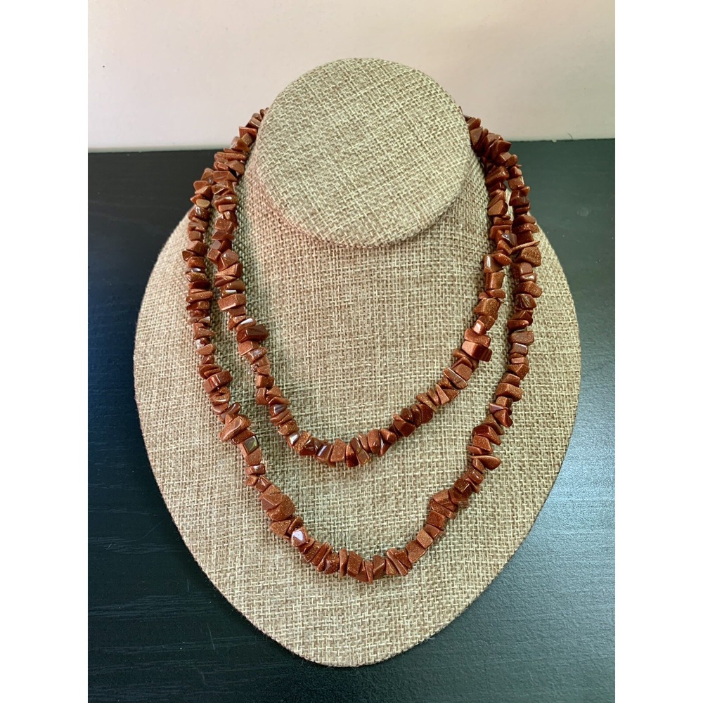 Vintage Chunky‎ Goldstone Chips Beaded Necklace 35" L